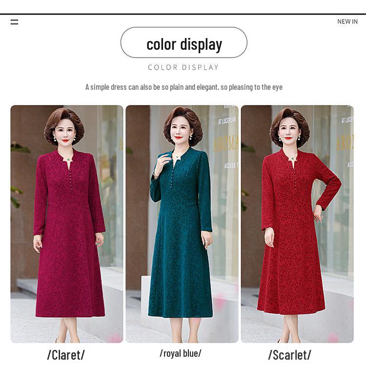 Мамино платье средней длины большого размера с флисовой подкладкой для весны и осени - Приталенный стиль для женщин среднего и пожилого возраста