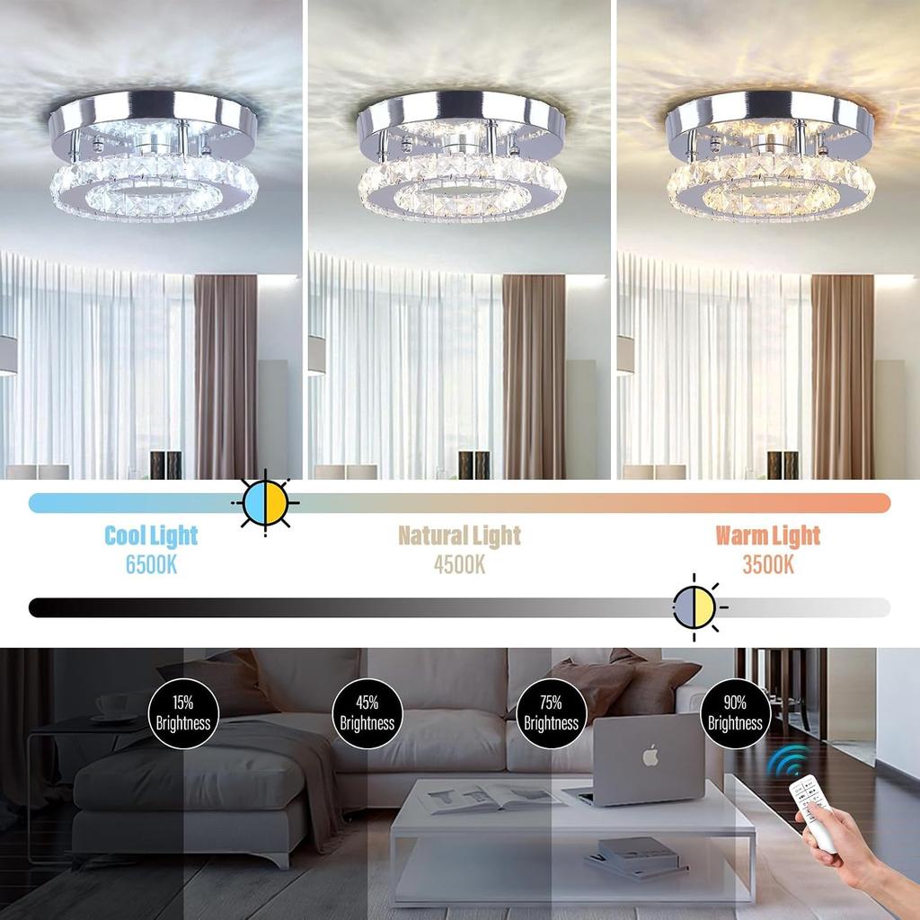 Modern Round K9 Crystal LED Ceiling Light Dimmable Surface Mounted Small Ceiling Chandelier with Remote Control