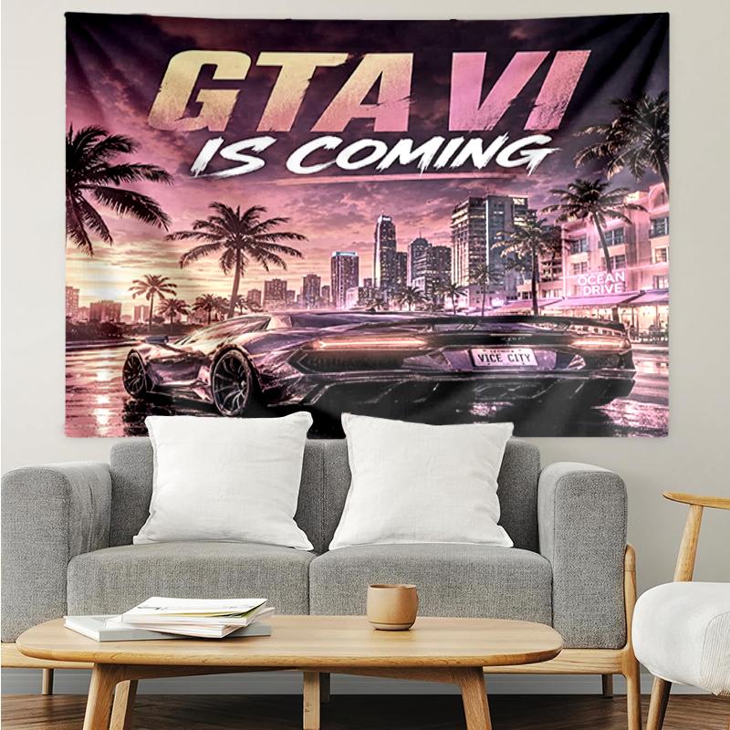 Гобелен с принтом GTA 6, Фон, Легкая установка, Идеально для спальни, офиса и гостиной, с эстетичным настенным декором.