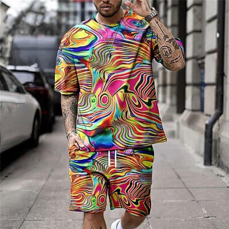Optical Illusion Abstract Graphic Prints Sport Designer Casual Men's Shirt Set Shorts and T Shirt Set T-Shirt Outfits Outdoor Daily Vacation T Shirt