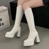 Модные женские высокие сапоги на толстом каблуке, кожаные сексуальные туфли до колена, зима 2024 года, новые зимние сапоги, туфли-лодочки, женские туфли челси
