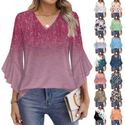 Женская модная повседневная футболка с рукавом семь минут, винтажный цветочный принт, V-образный вырез, расклешенные рукава