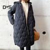 Fall Winter Women Jacket Hooded Zip-up Rhombus Texture Thin Padded Long Sleeves Mid Length Loose Work School Daily Coat