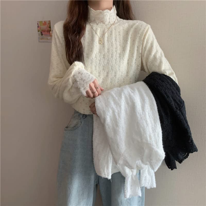 Gincci Блузка женская прозрачная кружевная с длинным рукавом, многослойная, с высоким воротом, тянущаяся, вид, сексуальная, (Тип - Черный)