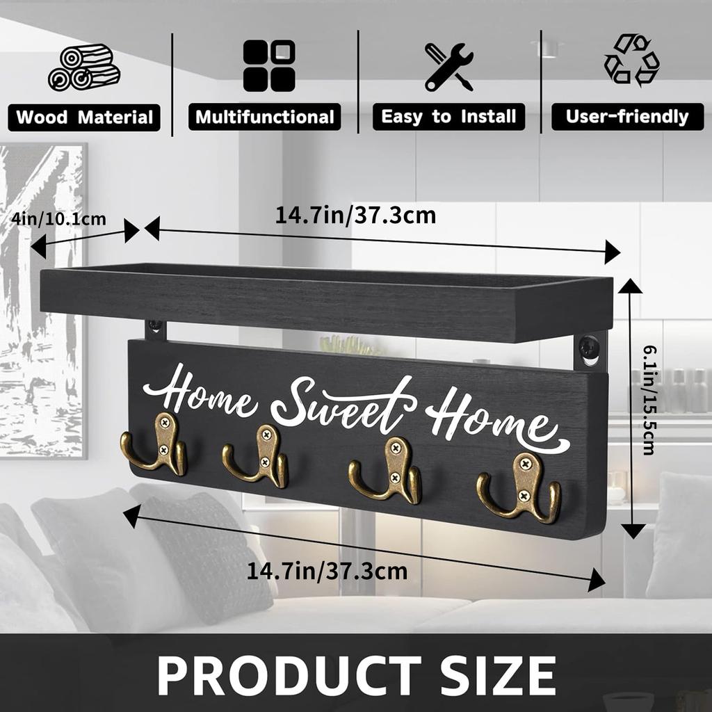 Wooden Key Holder for Wall with Shelf Home Entryway Decorative Key Hanger for Wall with 4 Double Key Hooks and Mail Organizer