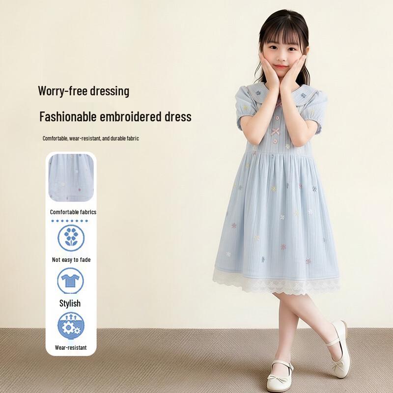 Frog Prince Girls' Light Blue Embroidered Princess Dress