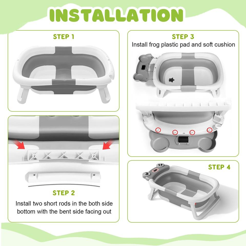 Foldable Baby Bath Tub Ergonomic With Temperature & Cushion Bath Pad + Bath Net