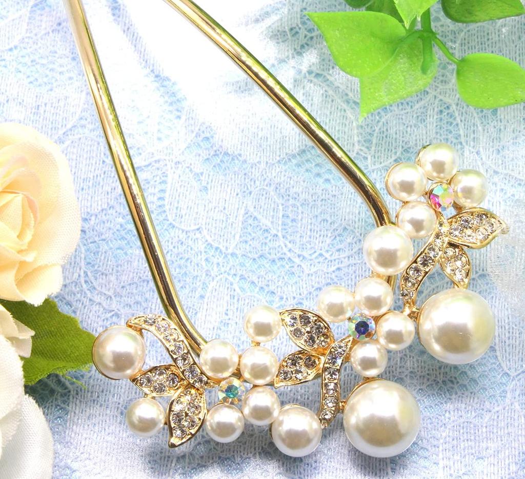 Miaomyao Drumstick Hair Japanese Pearl Pink Gold Hair Accessory [Miaomyao] Hairpin, Ornament, Dress, Tomesode, Metal, Bijou, Flower, U-shaped Comb,