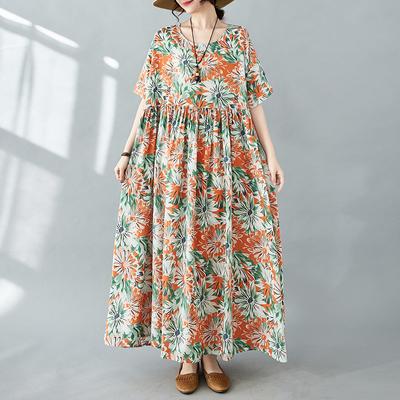 Женское платье больших размеров, новинка 2024 года, летние зеленые платья, свободные платья с круглым вырезом и цветочным принтом, новинка 1030
