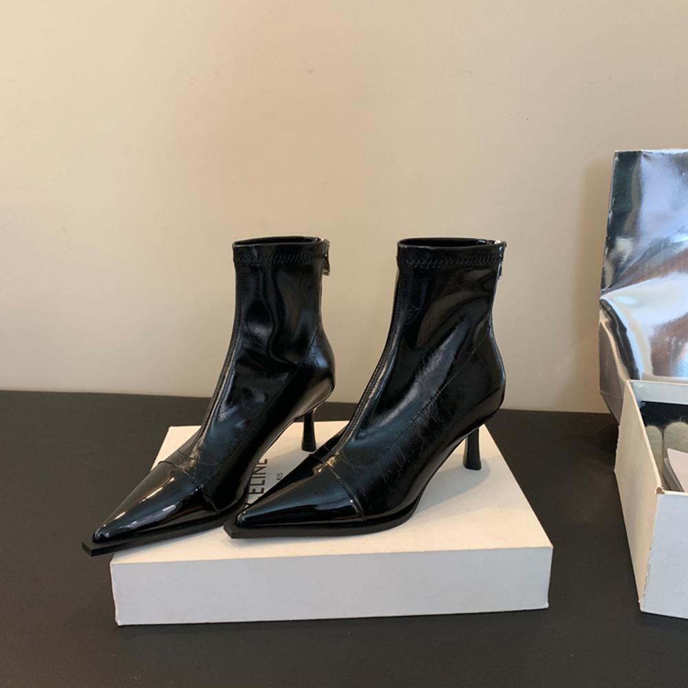 Мода Черный Серебристый Коричневый Женские Ботильоны Острый Носок Короткие Носки Ботильоны Тонкий Высокий Каблук Молния Сзади Однотонные Модные Туфли