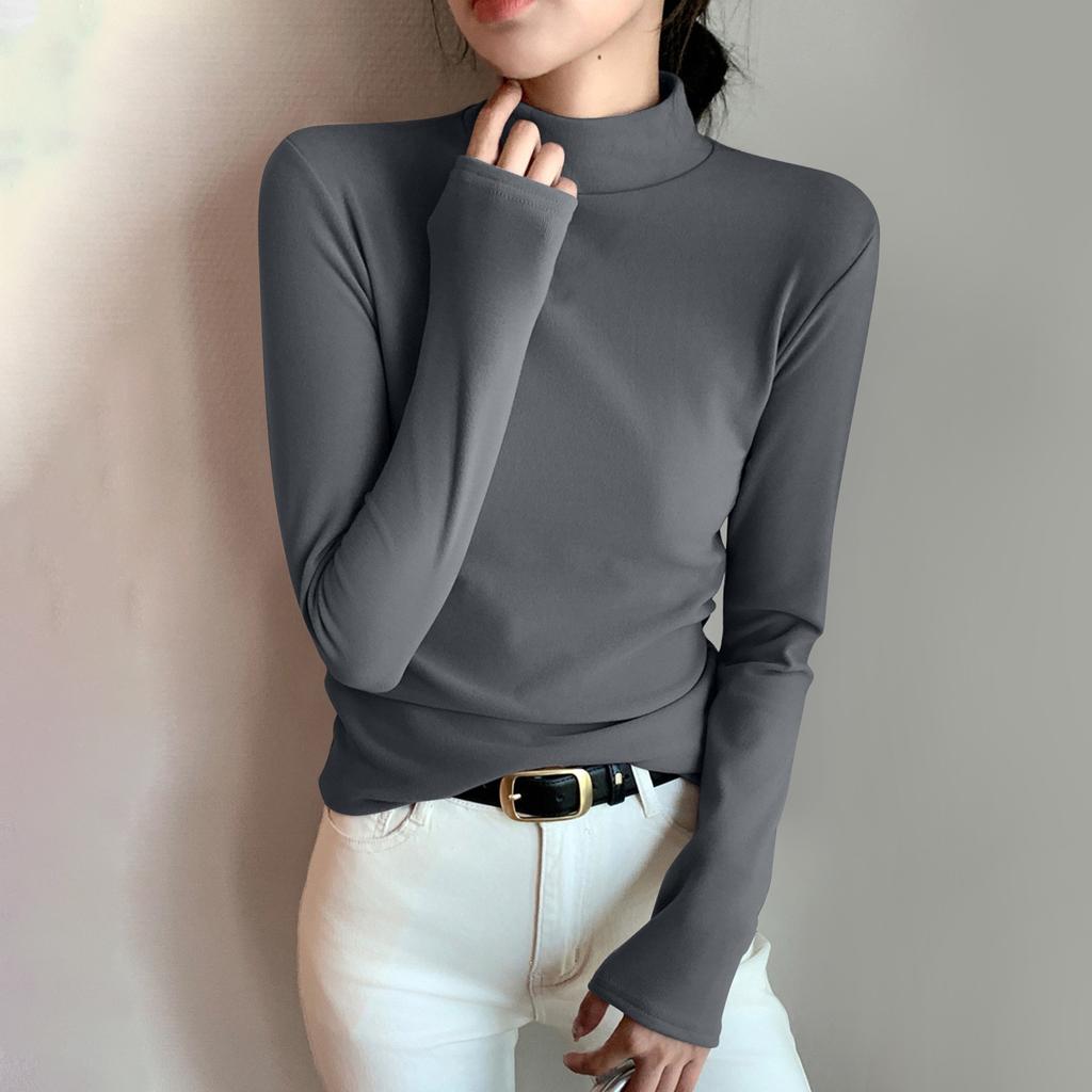 Women's Solid Color Solid Color Semi High Neck Slim Fit Base Shirt With Long Sleeve Tight T-shirt