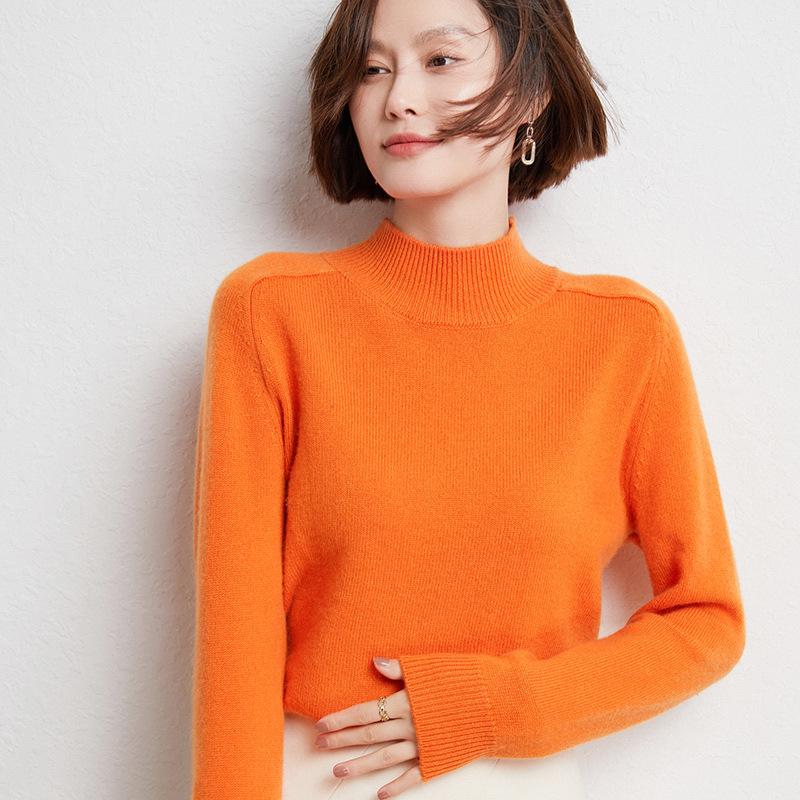Women's 100% Wool Thickened Saddle Shoulder Sweater – Soft and Warm Half-High Neck Knitwear for Autumn and Winter