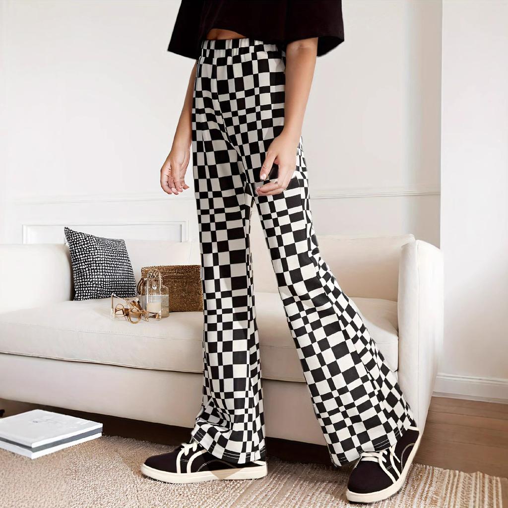 Брюки-клеш в клетку для девочек, весенние и осенние, детские спортивные брюки для отдыха