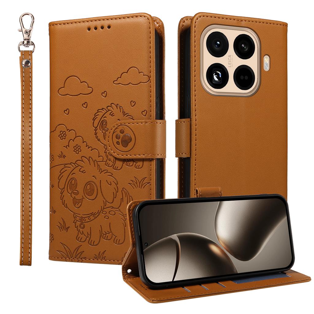 Чехол для Xiaomi 15T Pro с блокировкой RFID, с тисненым узором собаки, из ПУ кожи, чехол для телефона с ремешком на запястье