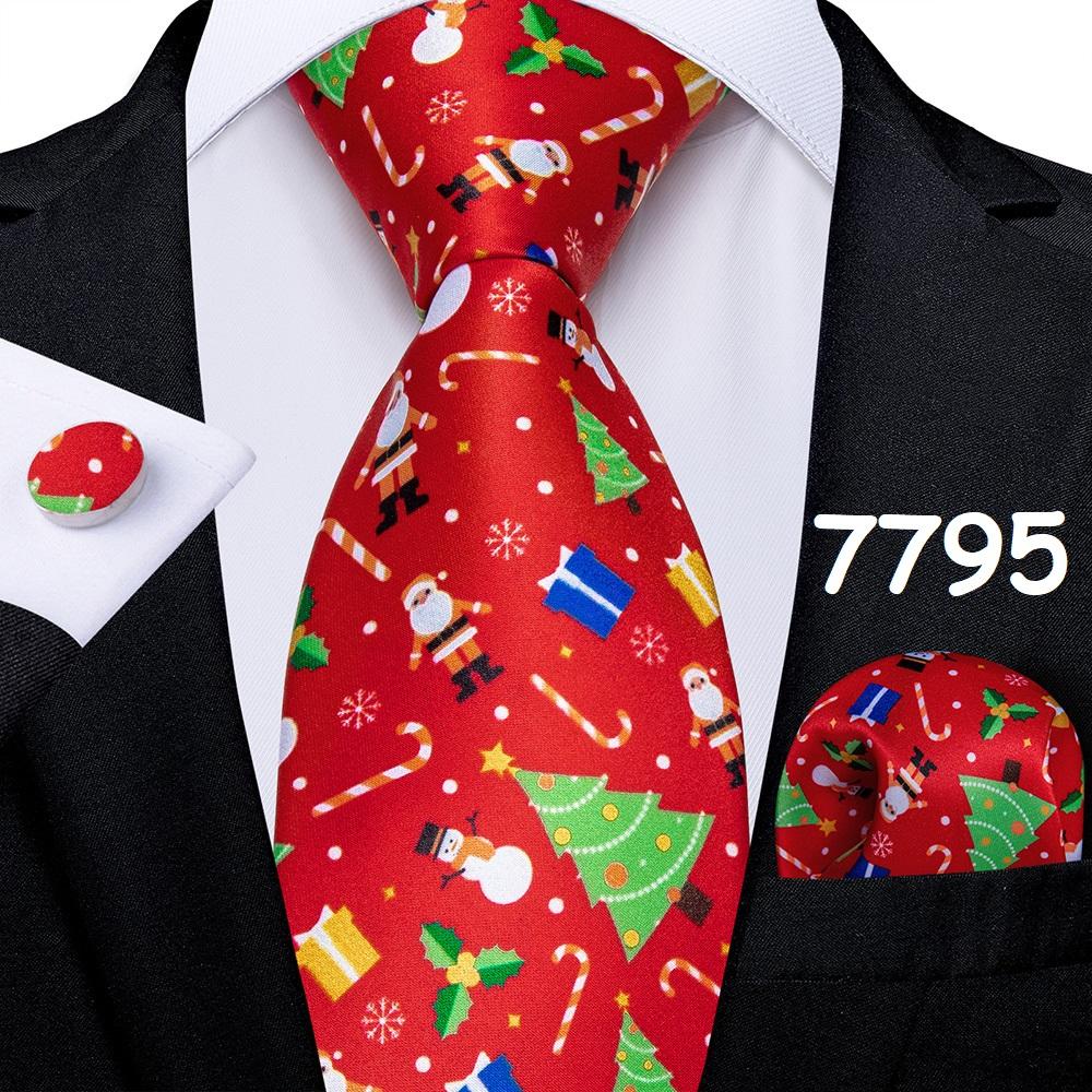 Mens Christmas Tie Set Red Blue Green 8cm Wide Silk Neck Tie Hanky Cufflinks Set Gift For Men Accessories