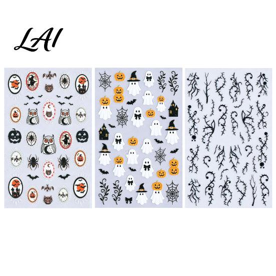 Gothic Nail Art Accessories Women Stickers for Halloween Spooky Ghost Pumpkin Spider Web Bat DIY Manicure Thorns Decal Supplies Holiday Party