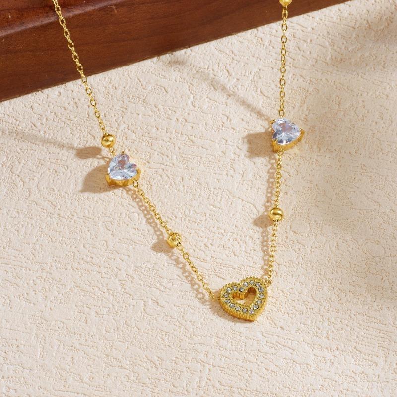 Gold Plated Heart CZ Beaded Necklace, Dainty Open Heart Pendant Link Chain with Clear Zircon Charms, Love Jewelry for Women Gift