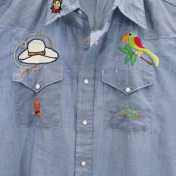 Sears Винтажная рубашка 70-х годов в западном стиле из шамбре с длинным рукавом Синяя Мужская Б/У