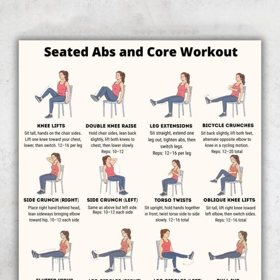 2 Sheets Seated Core Exercise Poster, Chair Workout Chart for Abs, Home Gym Wall Art, Strength Training Guide for Seniors