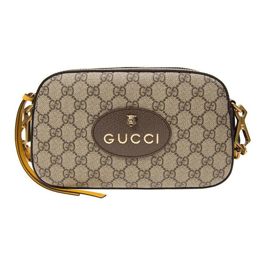 Gucci Серия Neo Vintage Логотип с золотой фольгой Металлическая голова тигра Монограмма Холст и кожа Сумка для камеры Унисекс Сумка через плечо Эбеновый коричневый 476466-K9GVT-8856