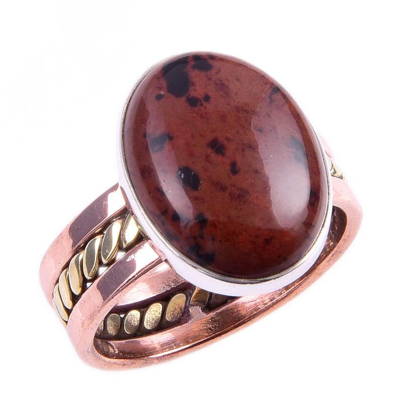Natural Mahogany Obsidian Gemstone 925 Sterling Silver Two Tone Ring Size 7 M2e62