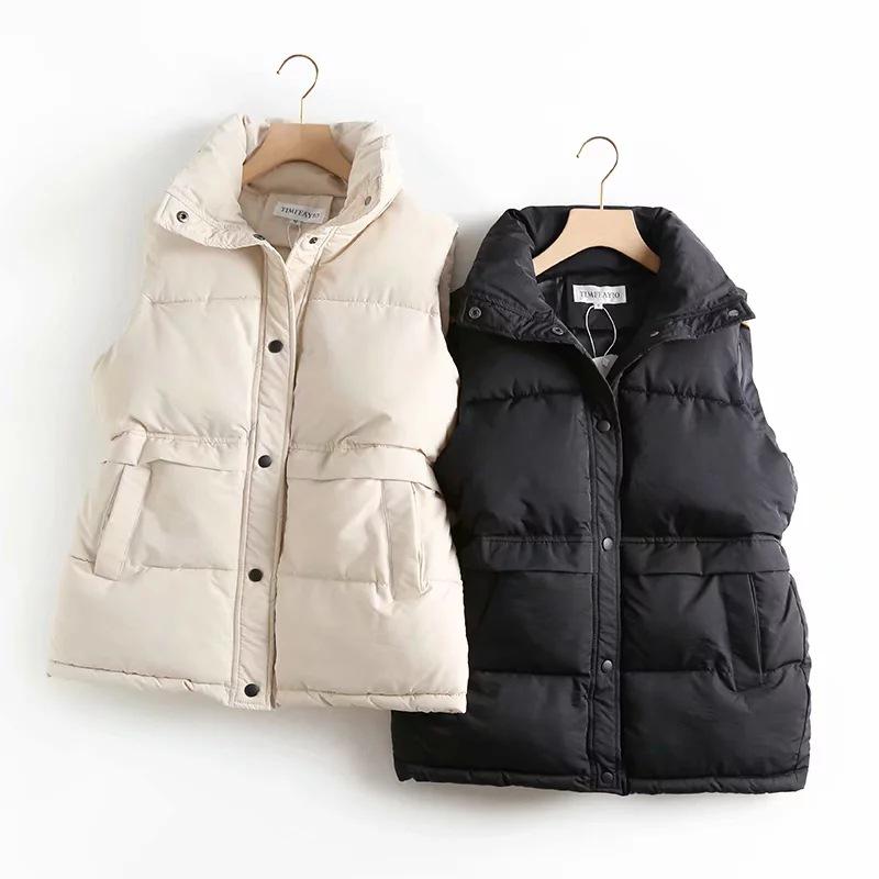 Autumn Winter Women's Short Outerwear Solid Loose Vest Drawstring Stand Collar Long Vest Jacket Cotton Padded Women Windproof Warm Waistcoat