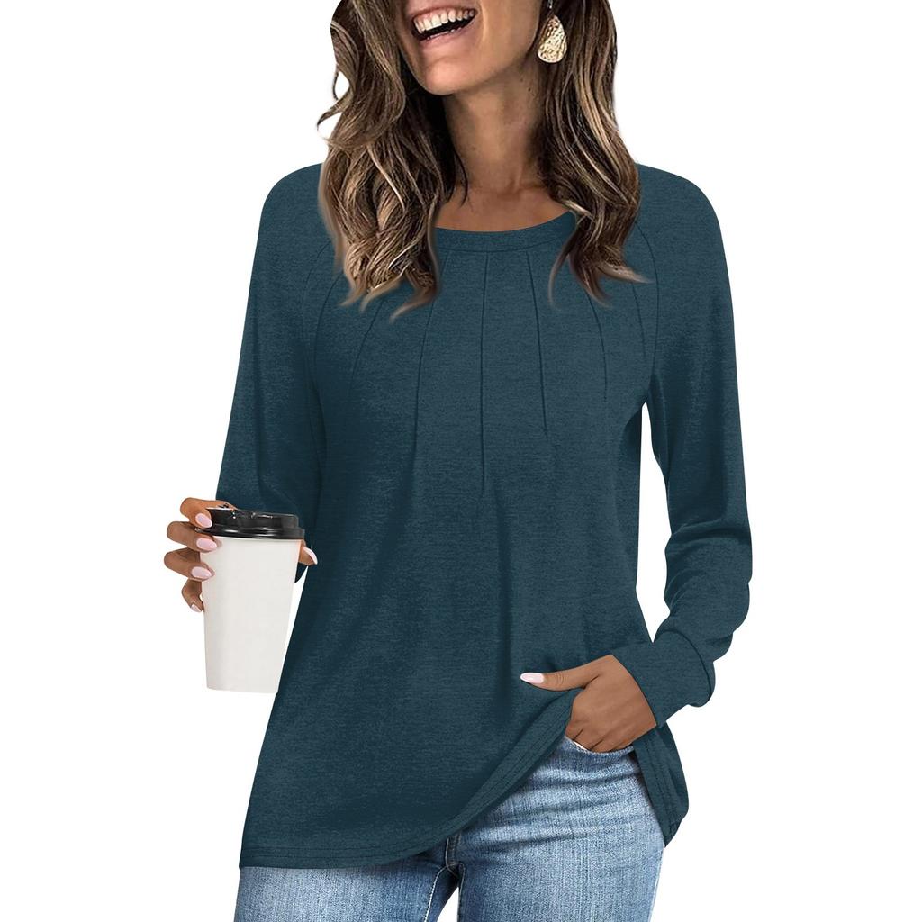 Женская модная повседневная плиссированная футболка с круглым вырезом и длинным рукавом, однотонная футболка, удобный топ