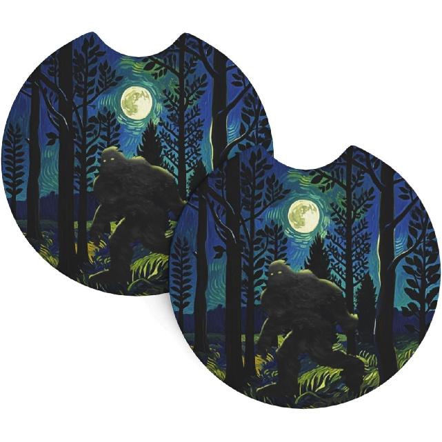 Sasquatch Bigfoot Trees Forest Car Coasters for Cup Holders Pack of 2 Neoprene Cup Mat Pad Vehicle Interior Accessories for Men Women