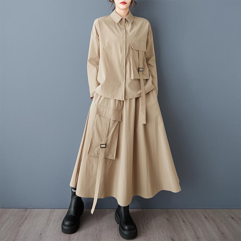 Dimanaf Большие размеры 2025 Весна Юбки Костюмы Женские Однотонные Комплекты Костюмы Свободные Блузки Рубашки Длинные Юбки Повседневная Одежда