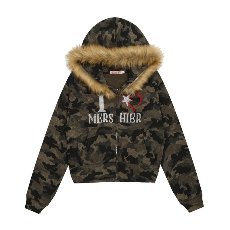 Womens Winter Camo Hoodie Fleece Lined Oversized Zip Up Streetwear