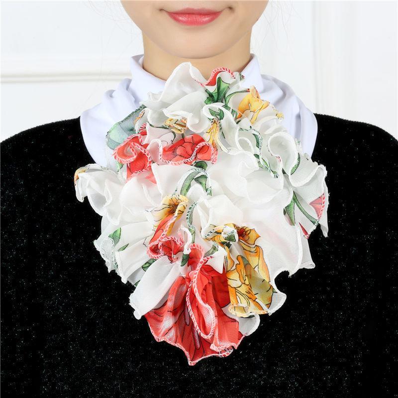 Цветной цветочный принт, шифоновый шейный платок, дышащие оборки, поддельный воротник, стильный съемный декоративный шарф