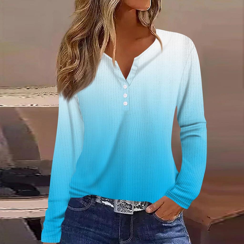 Женская футболка с принтом на пуговицах, длинный рукав, вязаный свитер, повседневный, модный, на выходные, базовый, с V-образным вырезом, обычный топ