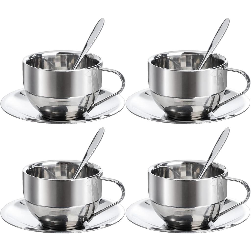 4 Pack Stainless Steel Coffee Cup Set, 6 Oz Coffee Mugs with Spoon and Saucer, Double Walled Espresso Cups Mugs for Coffee, Latte,Tea, Milk
