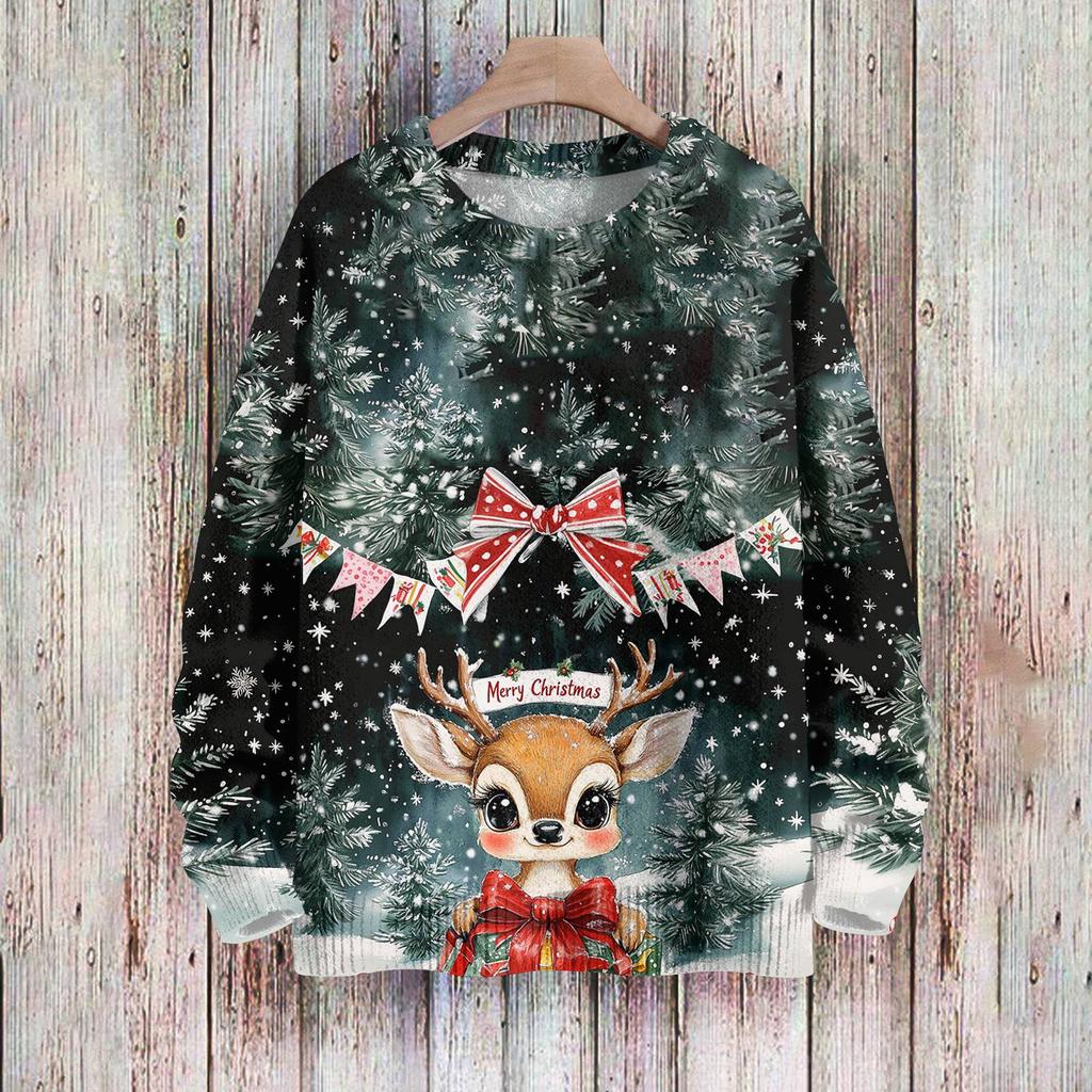 Рождественские толстовки для женщин Вязаный свитер Милая рубашка Осенний свитер с круглым вырезом Топы