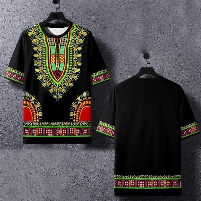 Винтажная африканская этническая полосатая 3D-печатная футболка с круглым вырезом, свободные футболки с коротким рукавом, летняя мужская одежда, размер XXS-6XL