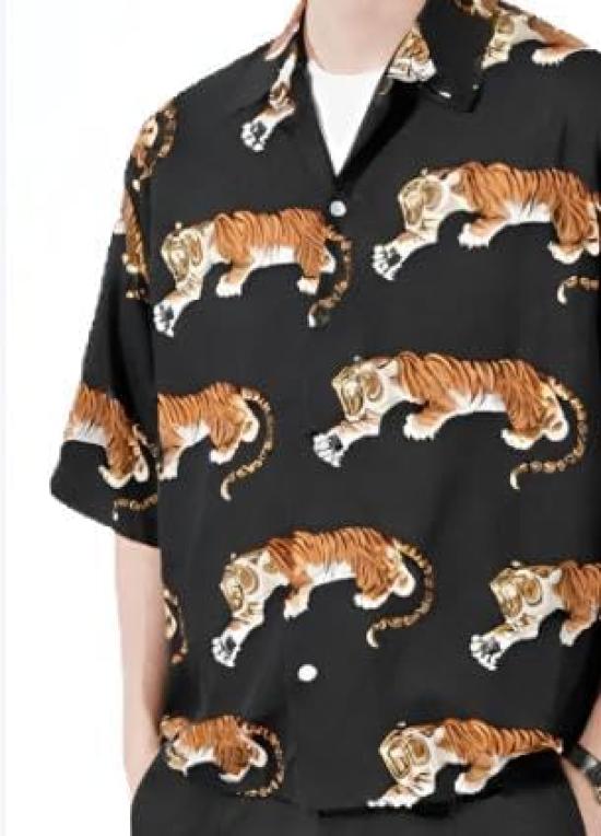 Aspersio Рубашка с коротким рукавом с тигровым принтом в японско-американском стиле с открытым коротким воротником, мягкая черная, взрослая, с узором, с воротником, крутая, стильная, с принтом, весенне-летняя