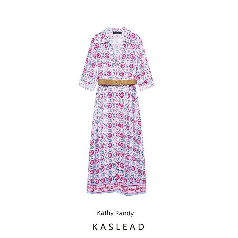 Kaslead New Women Clothes Western Style Fashion With Belt Print Midi Dress 3076673