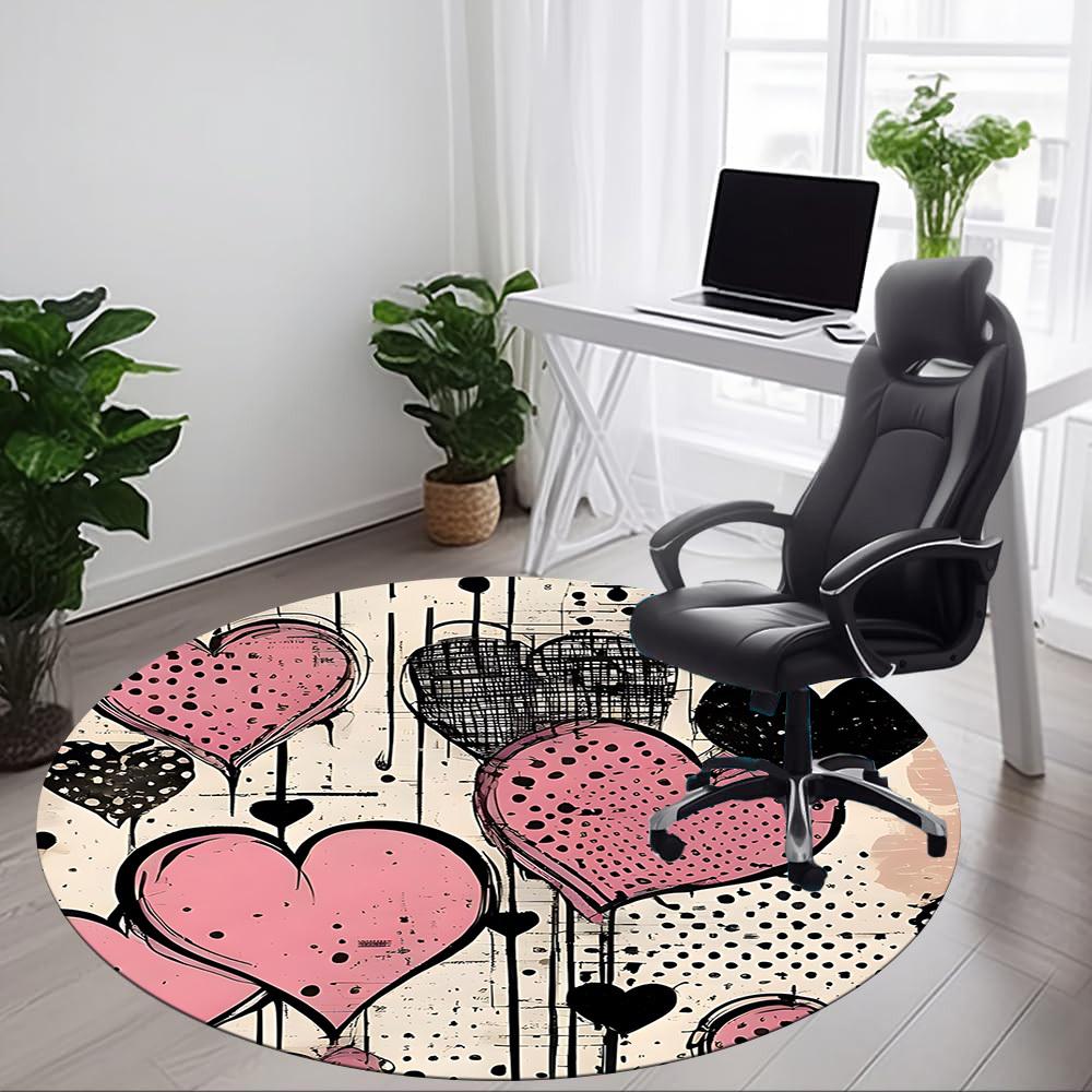 1pc Heart Print Chair Carpet for Office, Round Polyester Mat, Indoor Decor for Office, Washable Non-slip Carpet yy251219113