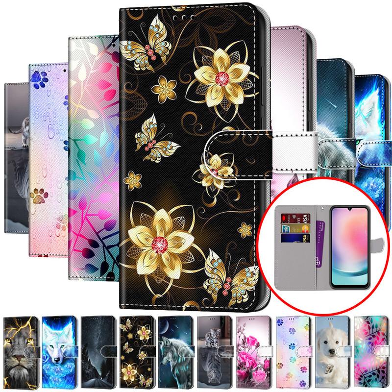 For Samsung S25 S24 S23 S22 S21 S20 A16 A26 A36 A56 A15 A14 A53 A54 A05 A05s PU Leather Card Holder Flowers Animals Flip Wallet Kickstand Phone Case