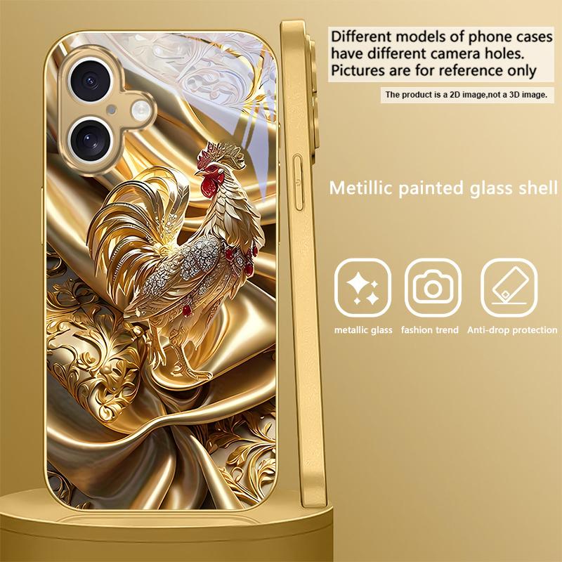 Золотой Цыпленок Роскошный Для iPhone 16E 15 Pro 14 13 Plus 12 mini 11 15Pro 14Max 13Plus XR Xs X 16 Pro Max Золотой стеклянный чехол для телефона