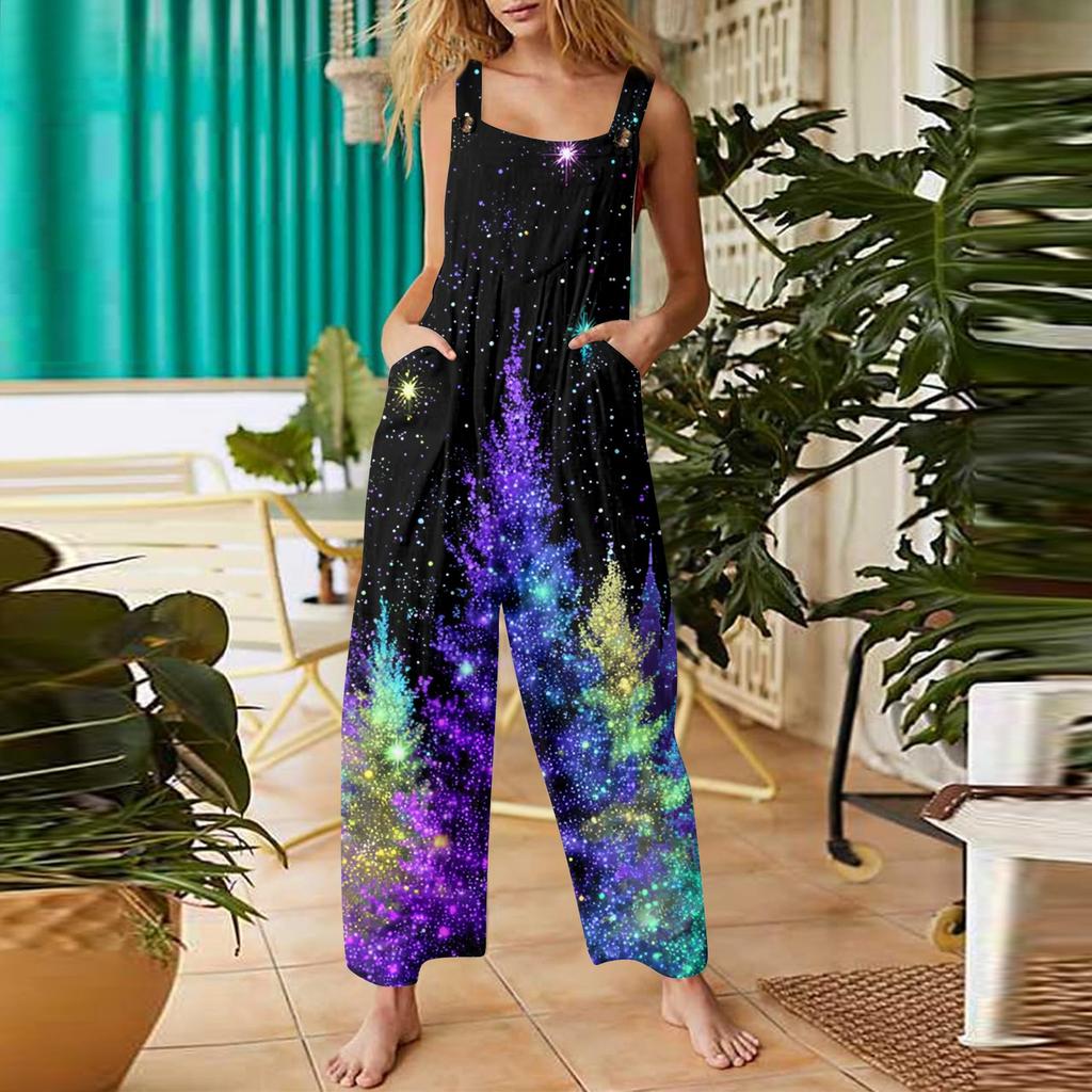 Women's Casual Christmas Printed Jumpsuit Sleeveless Printed Cotton Jumpsuit