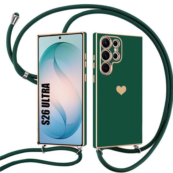 Coque pour Samsung Galaxy S26 Ultra, Silicone Souple Anti-Rayures Motif Cœur avec Cordon Vert Nuit