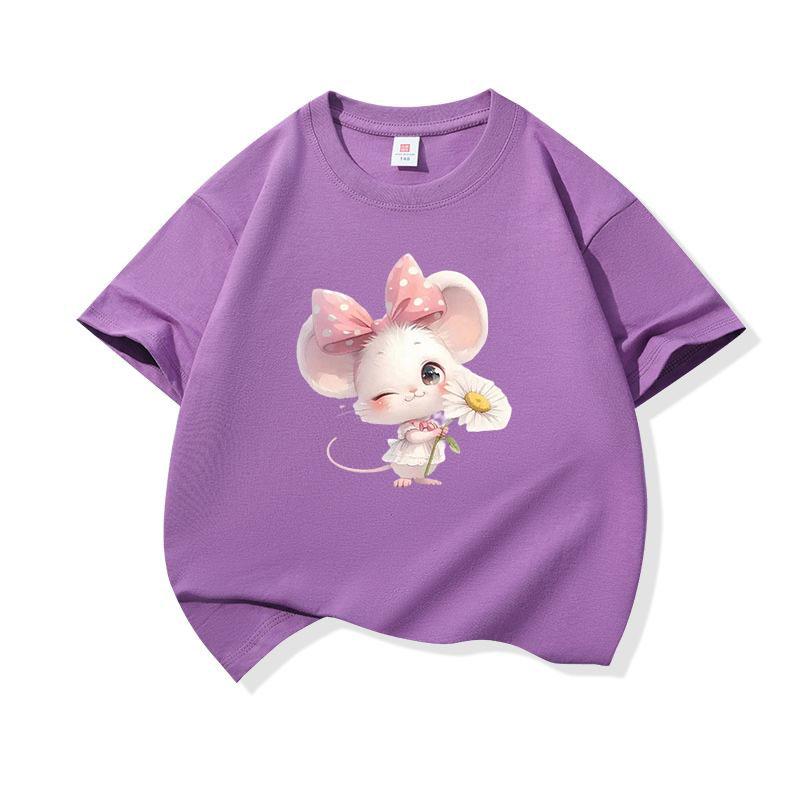 Kids Cotton T Shirt Adorable Mouse With Bow Flower Print Crew Neck Short Sleeve Tee Casual Boys Girls Summer Tops