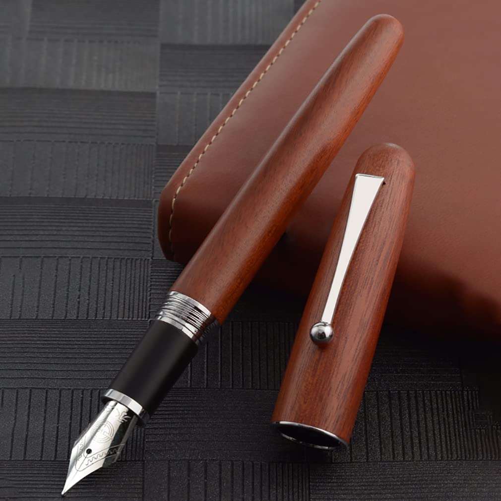 Gullor Natural Wood Fountain Pen with Medium Ink Screw and Silver Clip Nib, Converter, Cap,