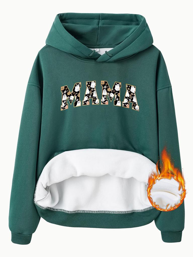 European & American Women's Fleece-Lined Hooded Sweatshirt with Kangaroo Pocket, MAMA Print - Autumn/Winter