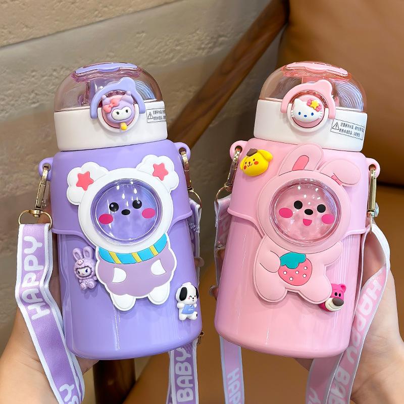550ML Cute Cartoon Bear Thermos Water Bottle Straw Thermal For Kids Girs Portable School Stainless Steel Themo Insulation Cup