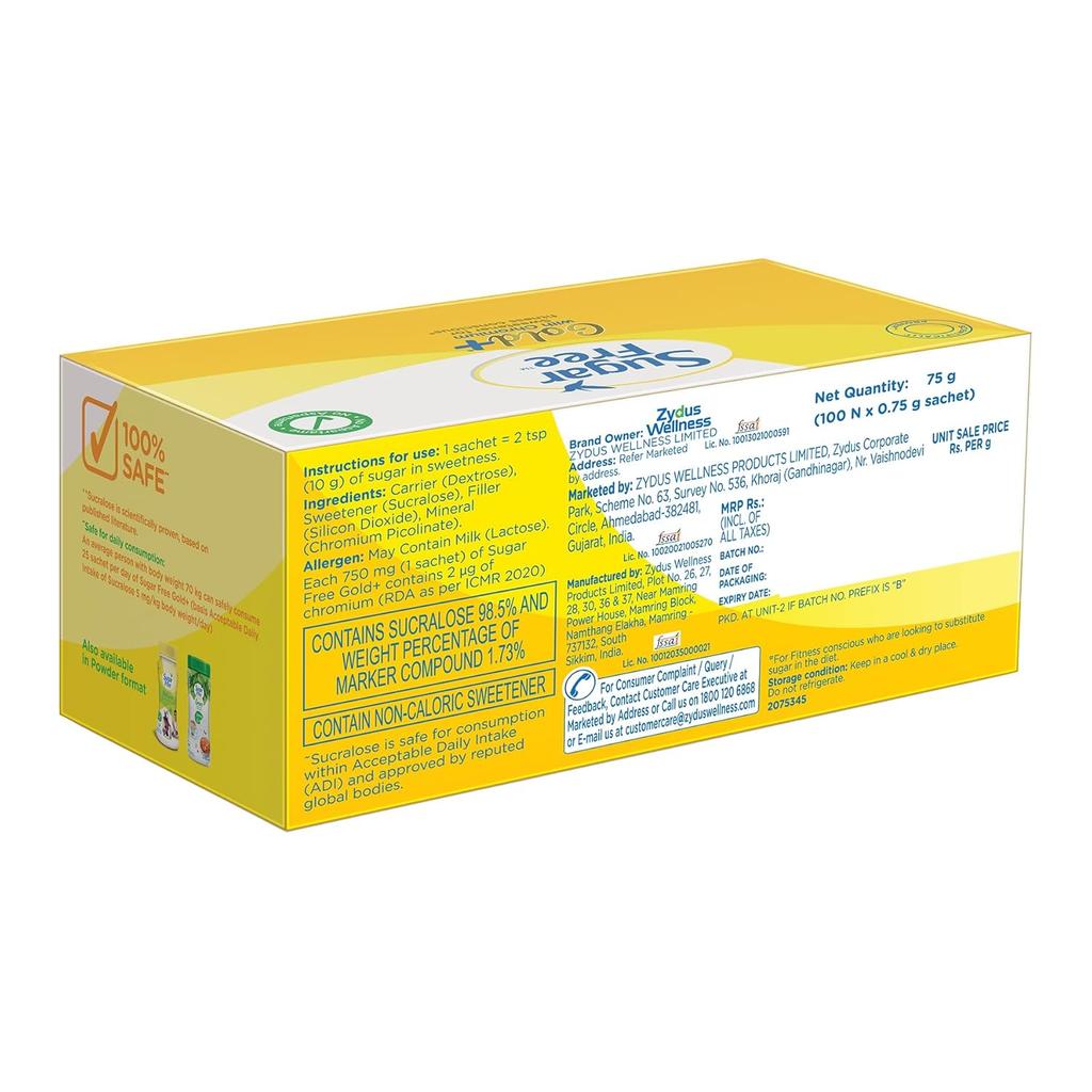 Sugar Free Gold Sweetener Sachets 100 | Low Calorie Sugar Substitute for Beverages & Desserts | Pack of 2