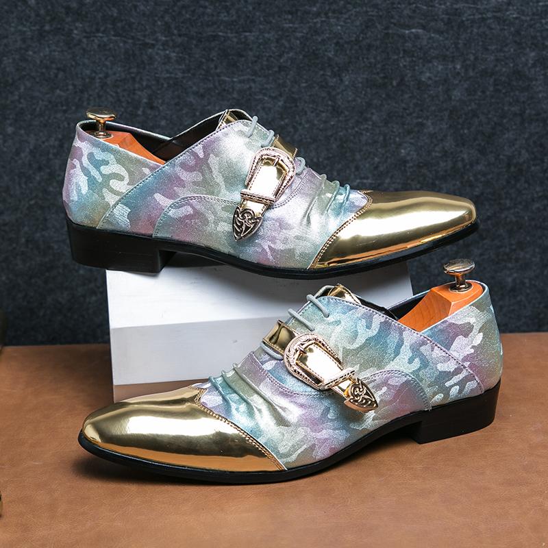 Fashion New Men's Pointed Gold Fold Patchwork Loafter Patent Leather Casual Shoes Male Formal Wedding Dress Homecoming Zapatos Hombre