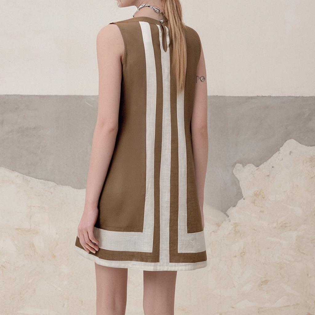 Женские модные платья без рукавов с цветными блоками и круглым вырезом