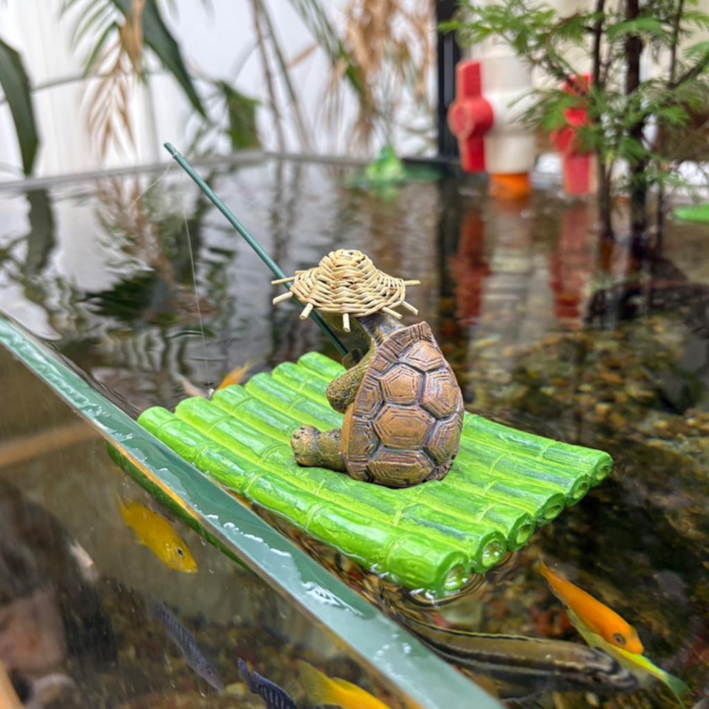Floating Bamboos Raft Fishing Turtles Sculpture Resins Miniature Garden Pond Decors For Outdoor or Desktop Ornament